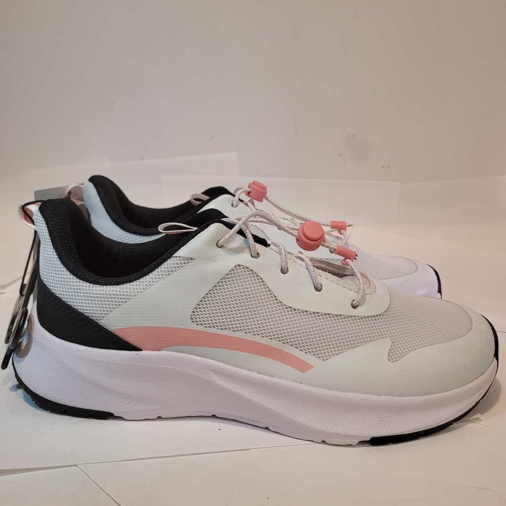 Athletic Works‎ Girls Size 5 White Pink Black Mesh Bungee Lace Sneakers Shoes